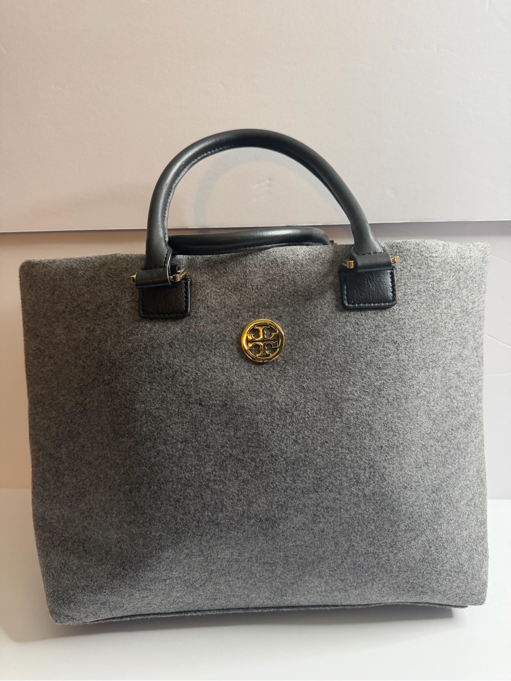 Tory Burch Gray Felt Tote with Black Leather Handles and Gold Logo